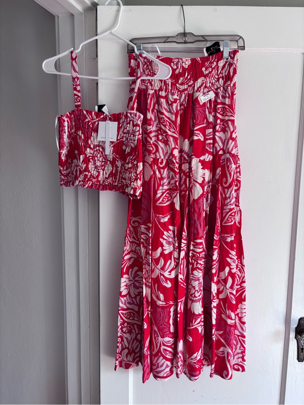 Women's Red Floral Smocked Skirt Set with Crop Top